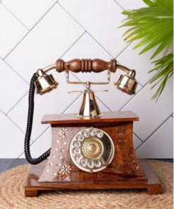 Wooden Brass Vintage Style Rotary Dial Phone Decorative Showpiece