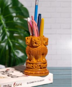 Kadam wood carved Ashok Stambh Pen / Pencil holder - 4 inches height