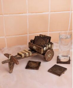 Wooden Bullock Cart Shaped Decorative & Functional Coaster Set – 6 Coasters +1 Holder