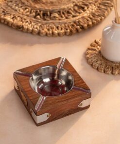 Square Wooden Ashtray with Metal Top and Elephant design on the side