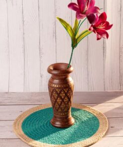 Wood crafted Flower Vase with Brass Inlay work - 9 inches height